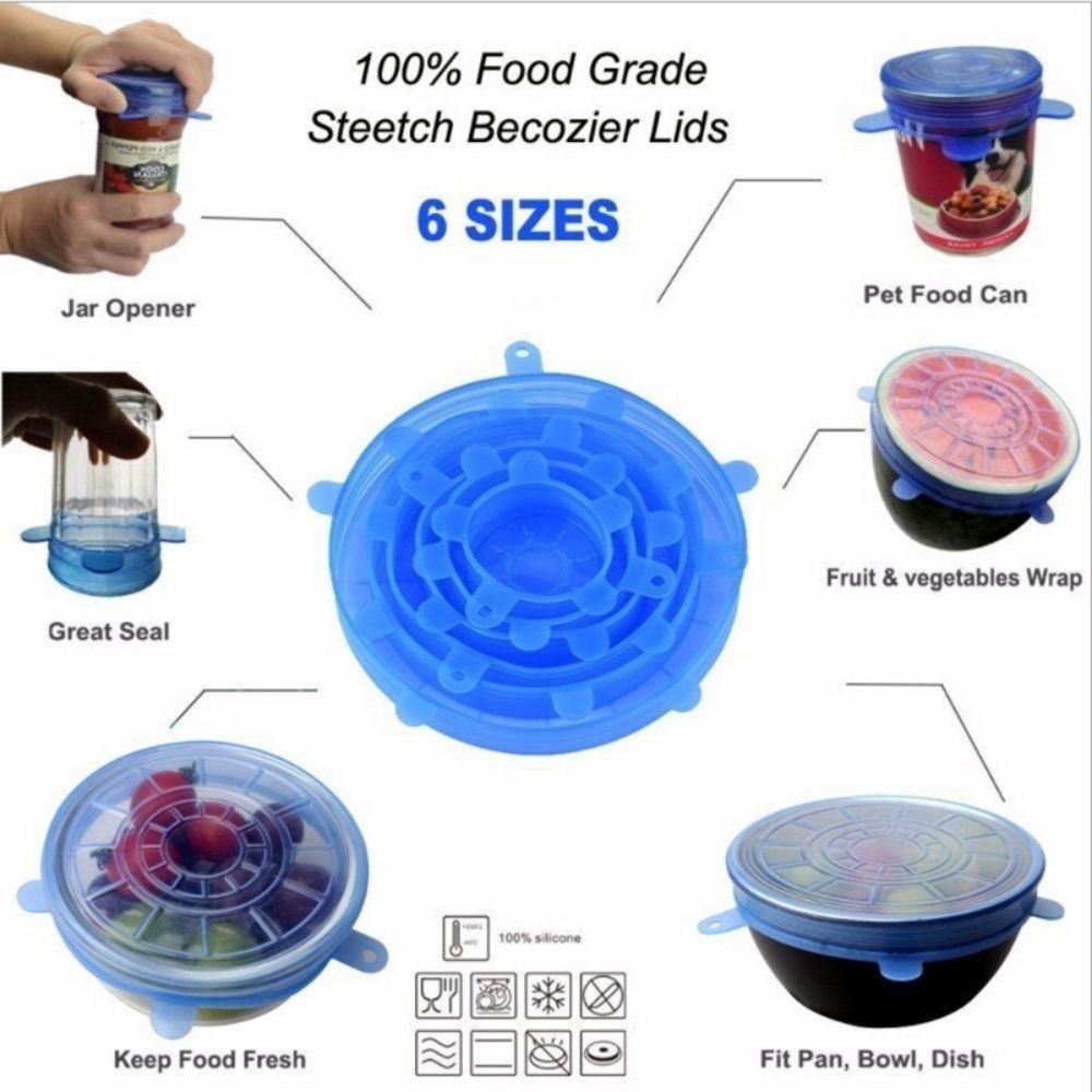 Tapa de silicona elástica ajustable para alimentos, tapas extensibles  universales para latas, platos, cuencos, reutilizables, 6 unidades por lote